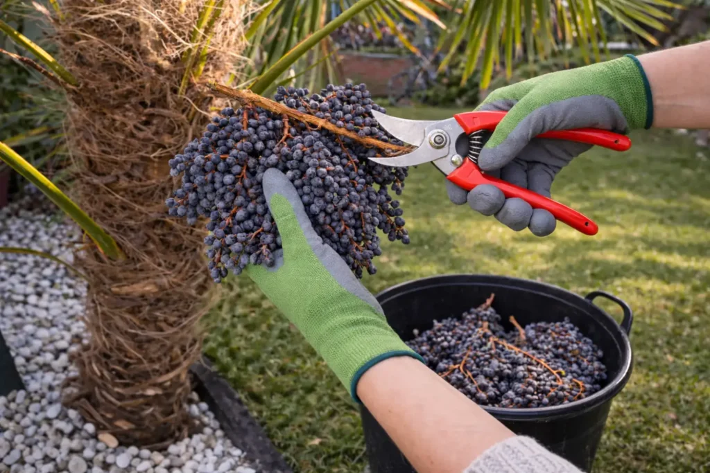 Knip de gehele vruchtentros af met een scherpe, schone snoeischaar.
Draag handschoenen - het sap van de vruchten kleurt uw handen blauwpaars en gaat er moeilijk af.