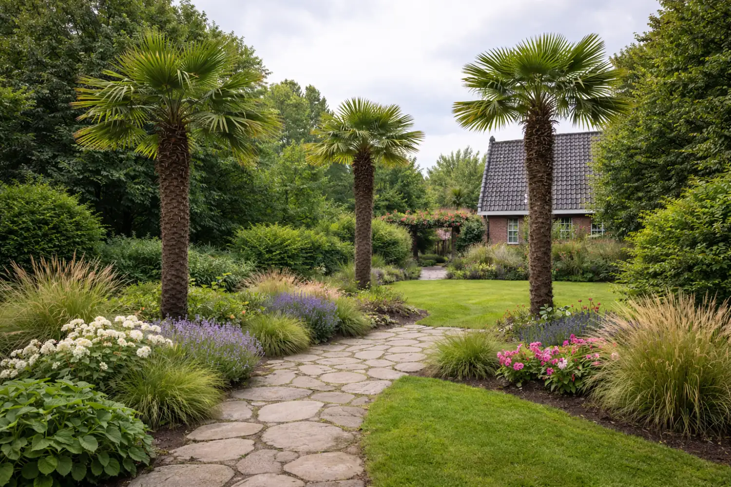 Nederlandse tuin met Trachycarpus fortunei palmen (AI-foto).