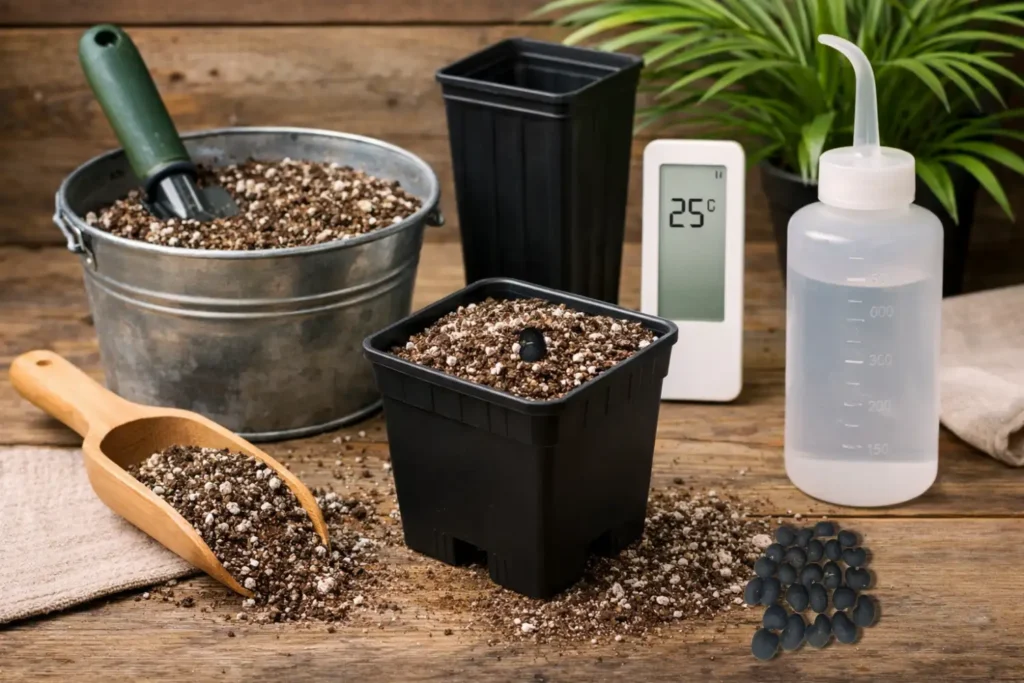 Benodigdheden om Trachycarpus fortunei zaden te zaaien: potjes, perliet, zaaigrond en thermometer.